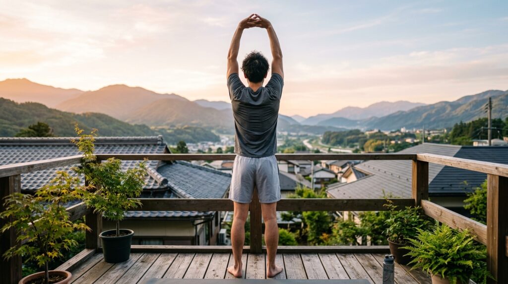 朝、ストレッチする男性の後ろ姿