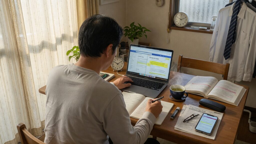 40代日本人男性の後ろ姿、調べ物をしながら文章を書いている様子、朝