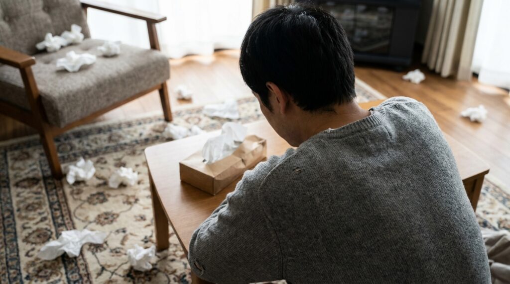 ティッシュを見つめる男性