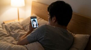 布団でスマートフォンを操作する男性