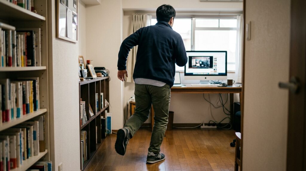 走ってPCに向かう男