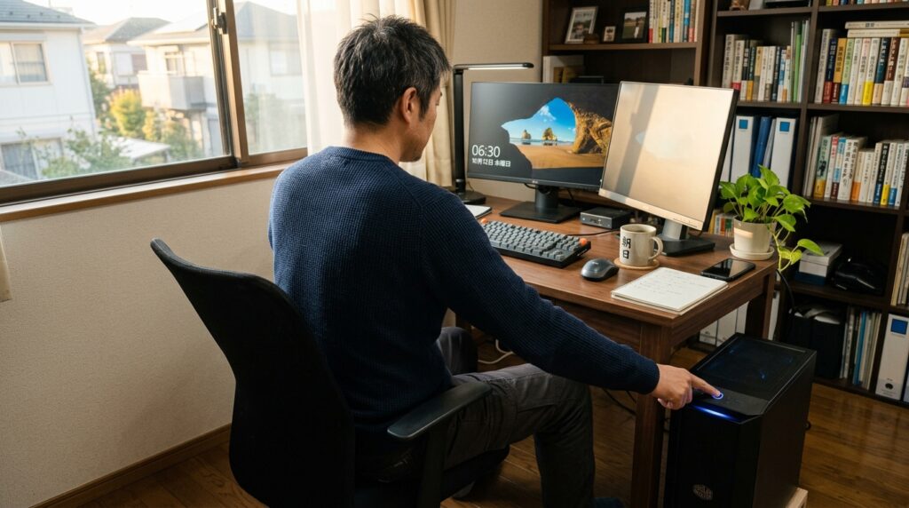 PC立ち上げる男
